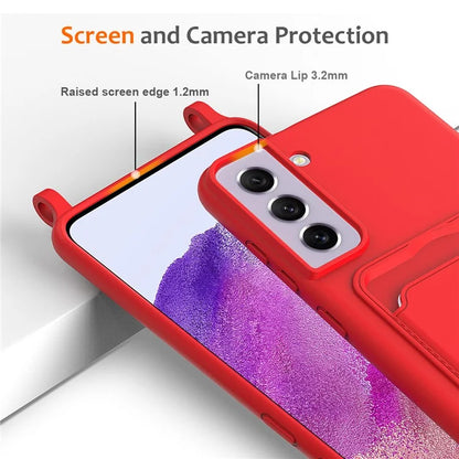 For Samsung Galaxy S21 FE 5G Case Liquid Silicone Card Holder Phone Back Cover with Lanyard