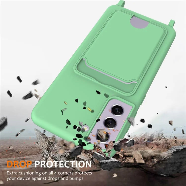 For Samsung Galaxy S21 FE 5G Case Liquid Silicone Card Holder Phone Back Cover with Lanyard