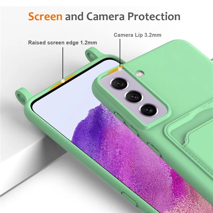 For Samsung Galaxy S21 FE 5G Case Liquid Silicone Card Holder Phone Back Cover with Lanyard