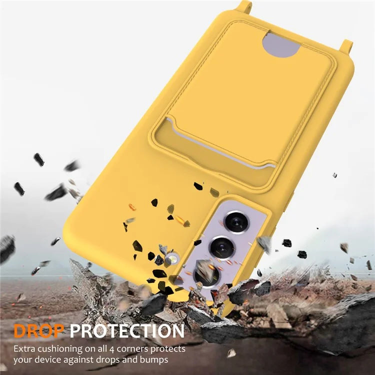For Samsung Galaxy S21 FE 5G Case Liquid Silicone Card Holder Phone Back Cover with Lanyard