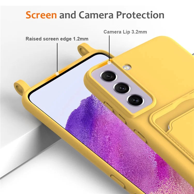 For Samsung Galaxy S21 FE 5G Case Liquid Silicone Card Holder Phone Back Cover with Lanyard
