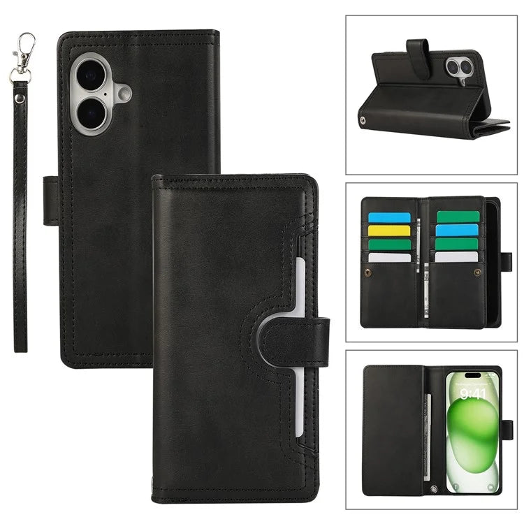 For iPhone 16 Case Split Leather Magnetic Wallet Phone Protector with Wrist Strap