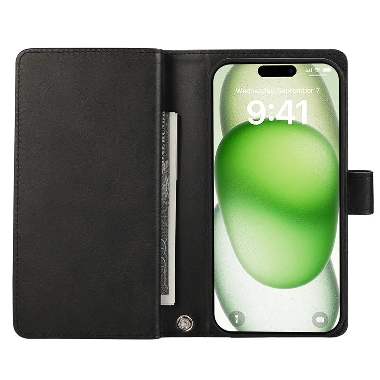 For iPhone 16 Case Split Leather Magnetic Wallet Phone Protector with Wrist Strap