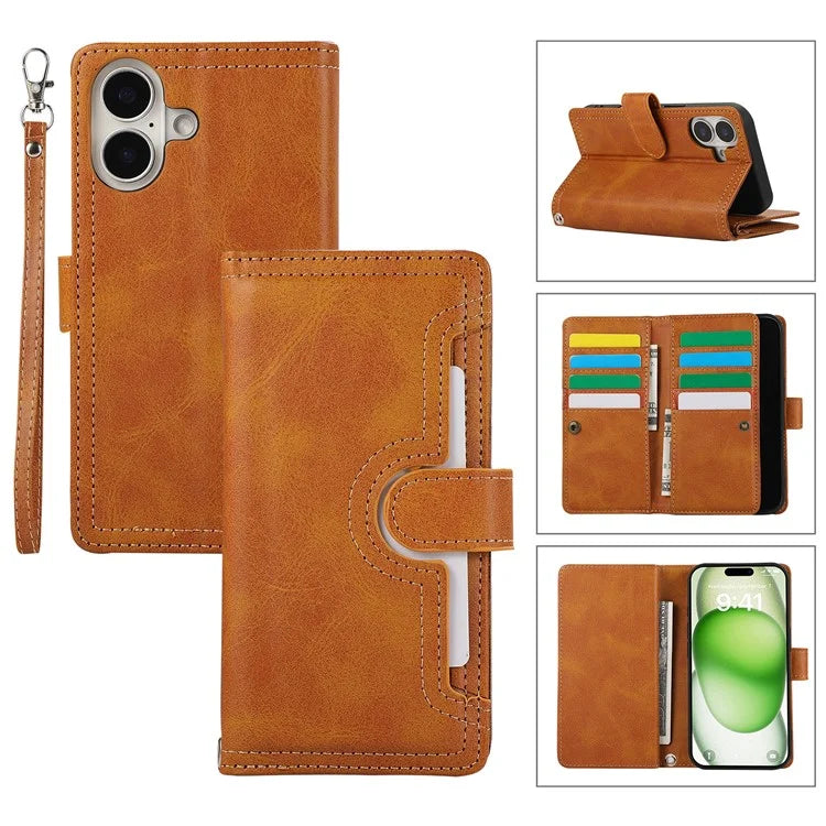 For iPhone 16 Case Split Leather Magnetic Wallet Phone Protector with Wrist Strap