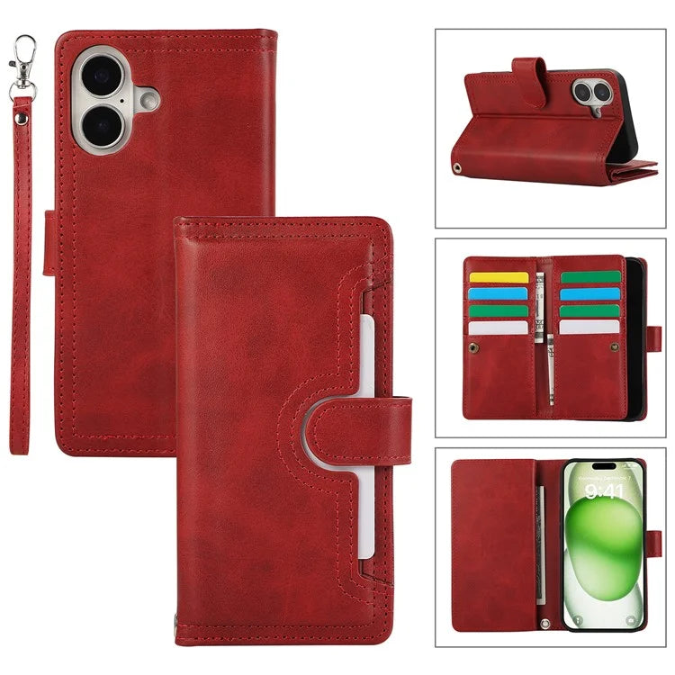 For iPhone 16 Plus Case Split Leather Magnetic Wallet Phone Protector with Wrist Strap