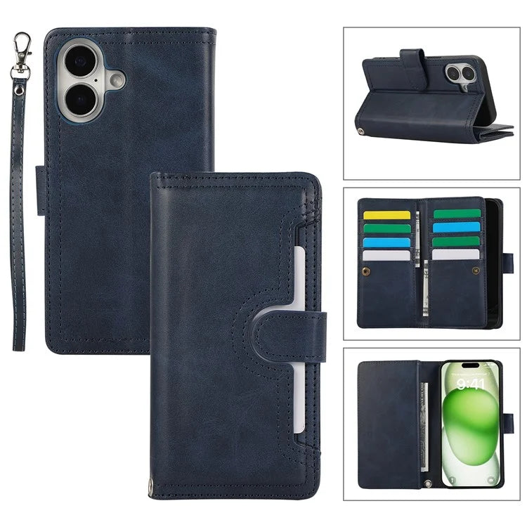 For iPhone 16 Plus Case Split Leather Magnetic Wallet Phone Protector with Wrist Strap