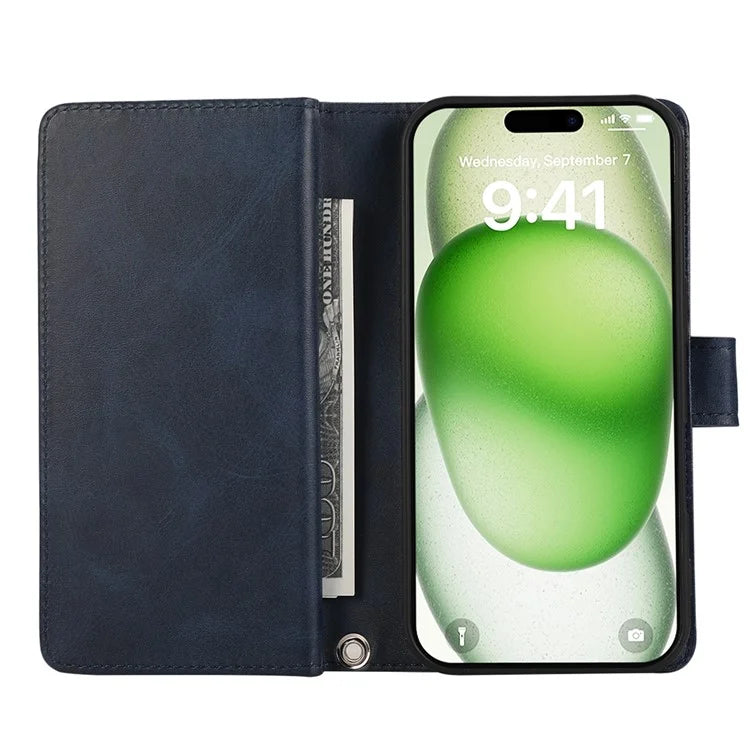 For iPhone 16 Plus Case Split Leather Magnetic Wallet Phone Protector with Wrist Strap