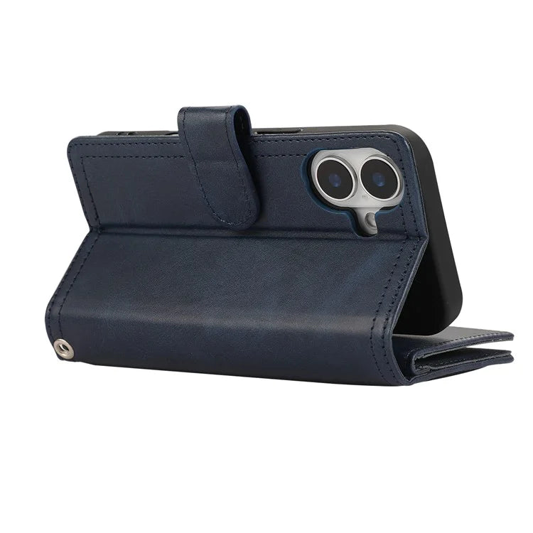 For iPhone 16 Plus Case Split Leather Magnetic Wallet Phone Protector with Wrist Strap