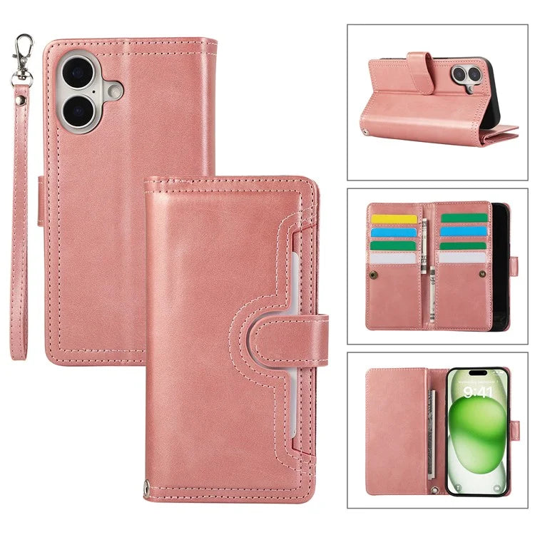 For iPhone 16 Plus Case Split Leather Magnetic Wallet Phone Protector with Wrist Strap