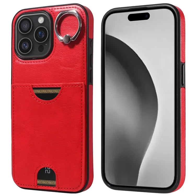 006 For iPhone 16 Pro Max Case Anti-Drop Leather + TPU Phone Cover Card Slot Ring Kickstand