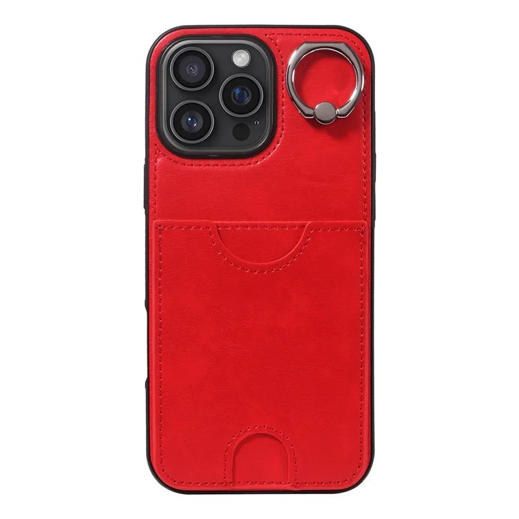 006 For iPhone 16 Pro Max Case Anti-Drop Leather + TPU Phone Cover Card Slot Ring Kickstand
