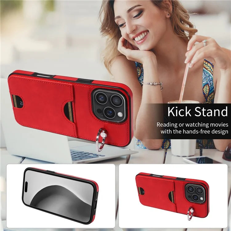 006 For iPhone 16 Pro Max Case Anti-Drop Leather + TPU Phone Cover Card Slot Ring Kickstand