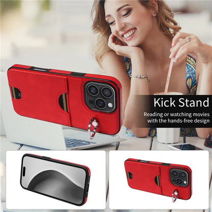 006 For iPhone 16 Pro Max Case Anti-Drop Leather + TPU Phone Cover Card Slot Ring Kickstand