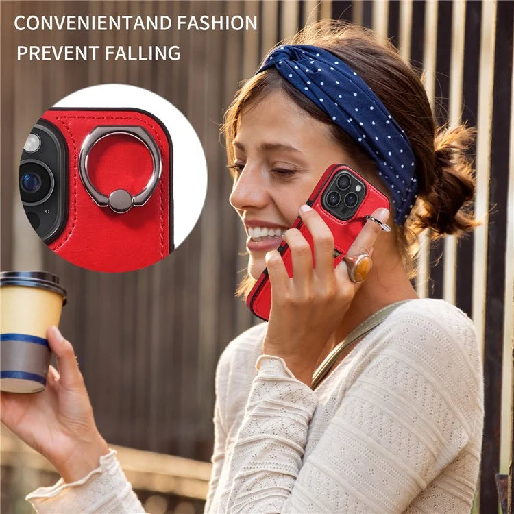 006 For iPhone 16 Pro Max Case Anti-Drop Leather + TPU Phone Cover Card Slot Ring Kickstand