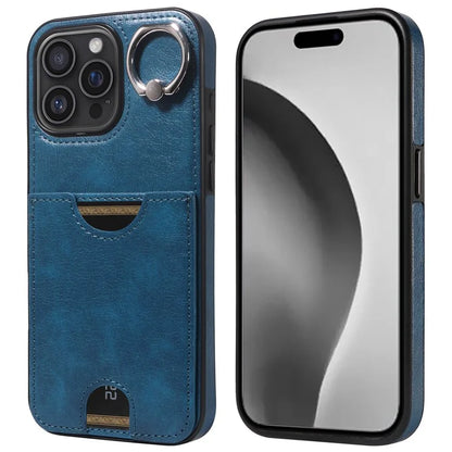 006 For iPhone 16 Pro Max Case Anti-Drop Leather + TPU Phone Cover Card Slot Ring Kickstand