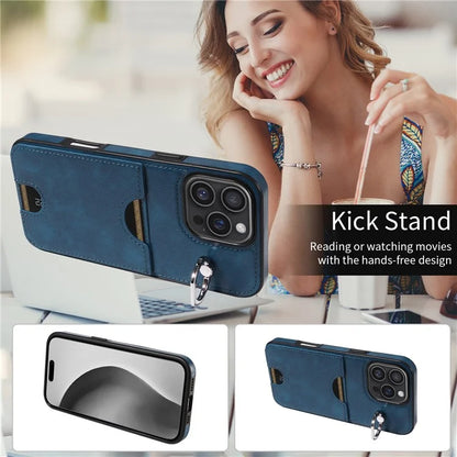 006 For iPhone 16 Pro Max Case Anti-Drop Leather + TPU Phone Cover Card Slot Ring Kickstand
