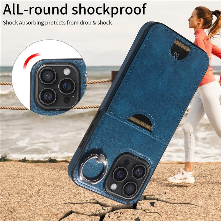 006 For iPhone 16 Pro Max Case Anti-Drop Leather + TPU Phone Cover Card Slot Ring Kickstand