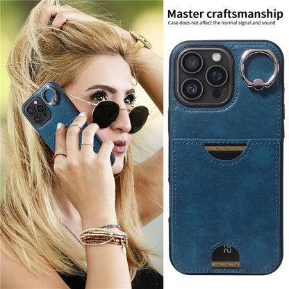 006 For iPhone 16 Pro Max Case Anti-Drop Leather + TPU Phone Cover Card Slot Ring Kickstand
