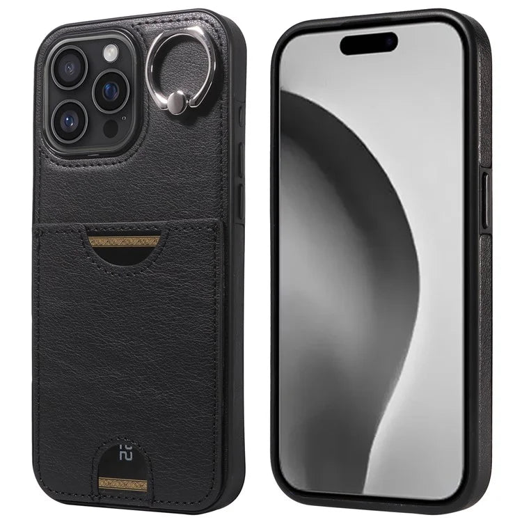 006 For iPhone 16 Pro Max Case Anti-Drop Leather + TPU Phone Cover Card Slot Ring Kickstand
