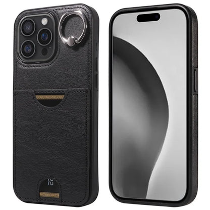 006 For iPhone 16 Pro Max Case Anti-Drop Leather + TPU Phone Cover Card Slot Ring Kickstand