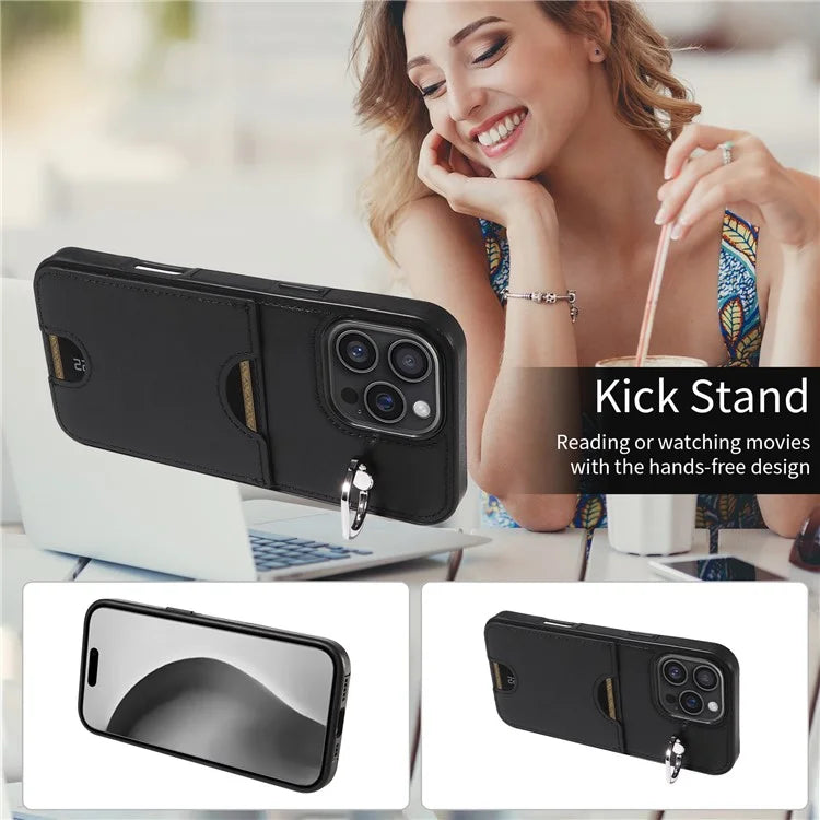 006 For iPhone 16 Pro Max Case Anti-Drop Leather + TPU Phone Cover Card Slot Ring Kickstand