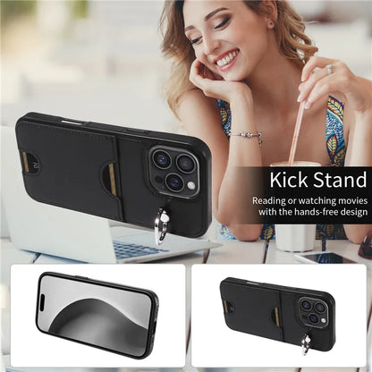 006 For iPhone 16 Pro Max Case Anti-Drop Leather + TPU Phone Cover Card Slot Ring Kickstand
