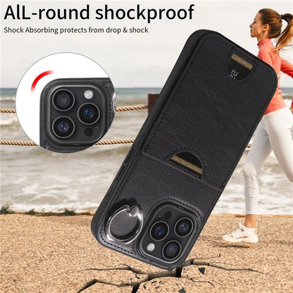 006 For iPhone 16 Pro Max Case Anti-Drop Leather + TPU Phone Cover Card Slot Ring Kickstand