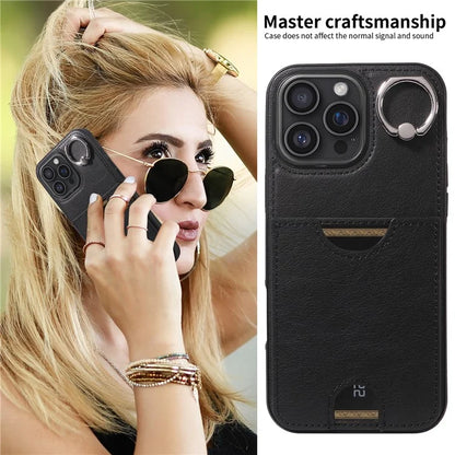 006 For iPhone 16 Pro Max Case Anti-Drop Leather + TPU Phone Cover Card Slot Ring Kickstand