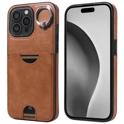 006 For iPhone 16 Pro Max Case Anti-Drop Leather + TPU Phone Cover Card Slot Ring Kickstand