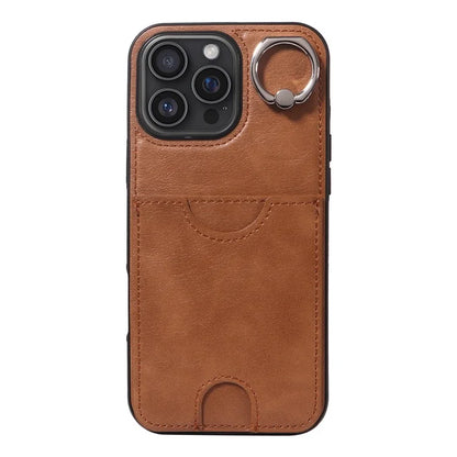 006 For iPhone 16 Pro Max Case Anti-Drop Leather + TPU Phone Cover Card Slot Ring Kickstand