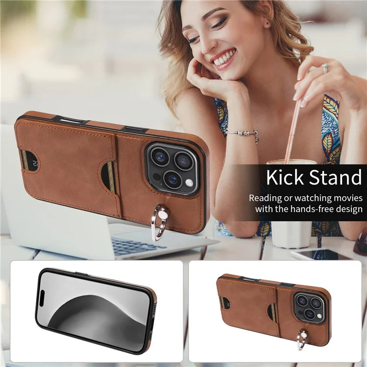006 For iPhone 16 Pro Max Case Anti-Drop Leather + TPU Phone Cover Card Slot Ring Kickstand