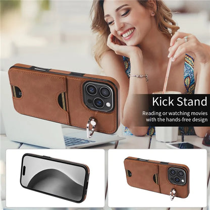 006 For iPhone 16 Pro Max Case Anti-Drop Leather + TPU Phone Cover Card Slot Ring Kickstand