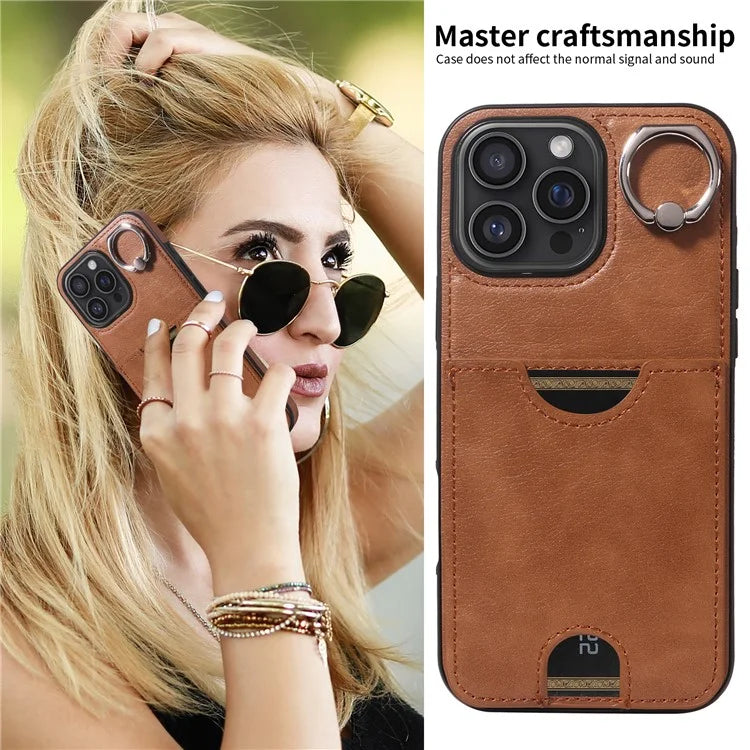 006 For iPhone 16 Pro Max Case Anti-Drop Leather + TPU Phone Cover Card Slot Ring Kickstand