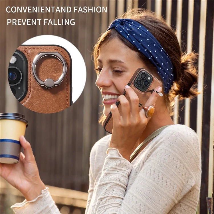 006 For iPhone 16 Pro Max Case Anti-Drop Leather + TPU Phone Cover Card Slot Ring Kickstand