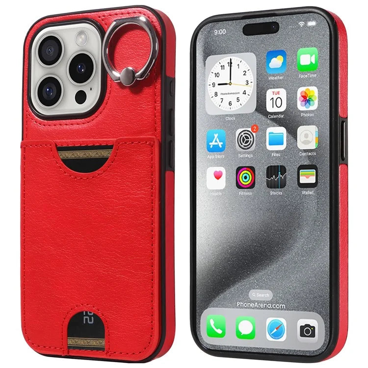 006 For iPhone 16 Pro Case Anti-Drop Leather + TPU Phone Cover Card Slot Ring Kickstand