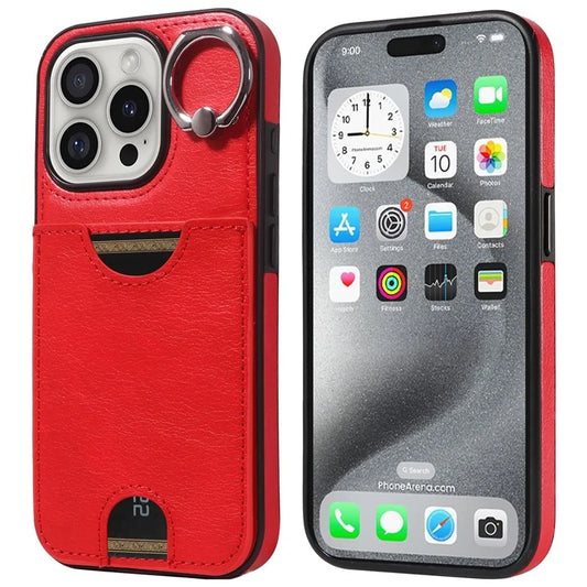006 For iPhone 16 Pro Case Anti-Drop Leather + TPU Phone Cover Card Slot Ring Kickstand