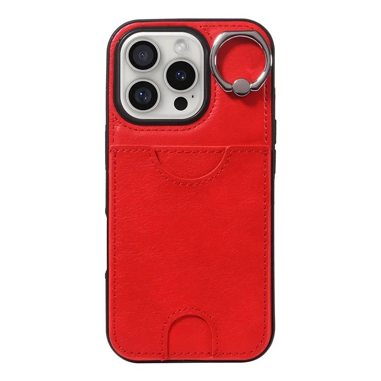 006 For iPhone 16 Pro Case Anti-Drop Leather + TPU Phone Cover Card Slot Ring Kickstand