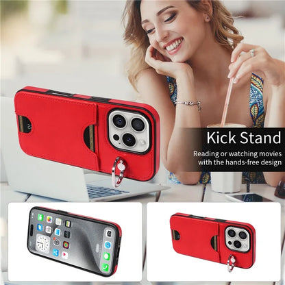 006 For iPhone 16 Pro Case Anti-Drop Leather + TPU Phone Cover Card Slot Ring Kickstand