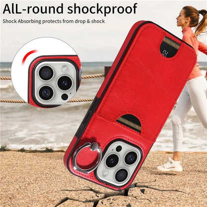 006 For iPhone 16 Pro Case Anti-Drop Leather + TPU Phone Cover Card Slot Ring Kickstand