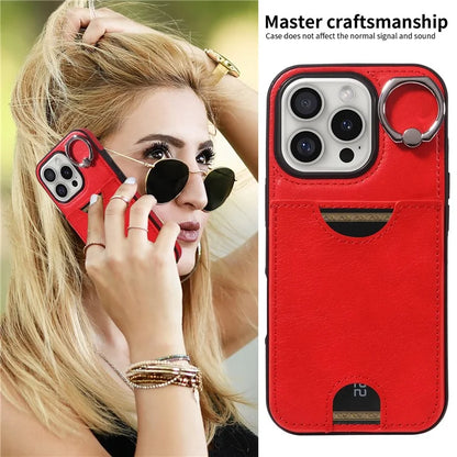 006 For iPhone 16 Pro Case Anti-Drop Leather + TPU Phone Cover Card Slot Ring Kickstand