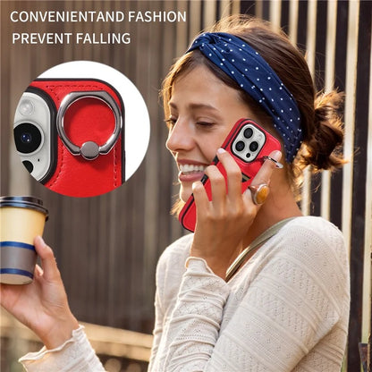 006 For iPhone 16 Pro Case Anti-Drop Leather + TPU Phone Cover Card Slot Ring Kickstand