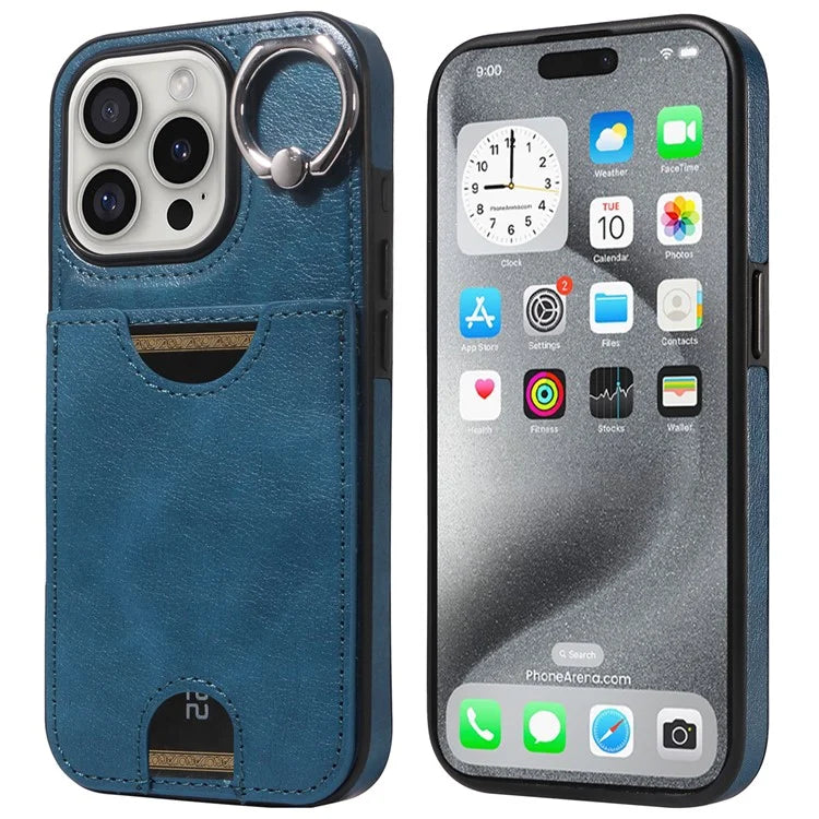 006 For iPhone 16 Pro Case Anti-Drop Leather + TPU Phone Cover Card Slot Ring Kickstand