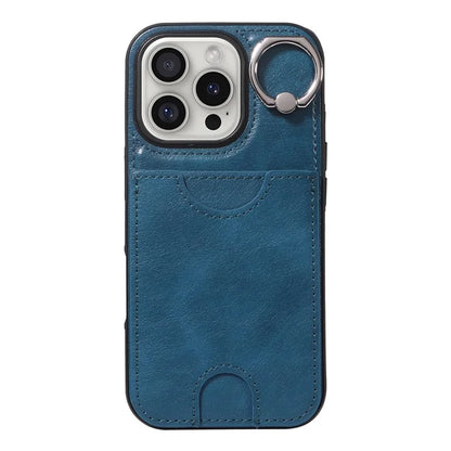 006 For iPhone 16 Pro Case Anti-Drop Leather + TPU Phone Cover Card Slot Ring Kickstand