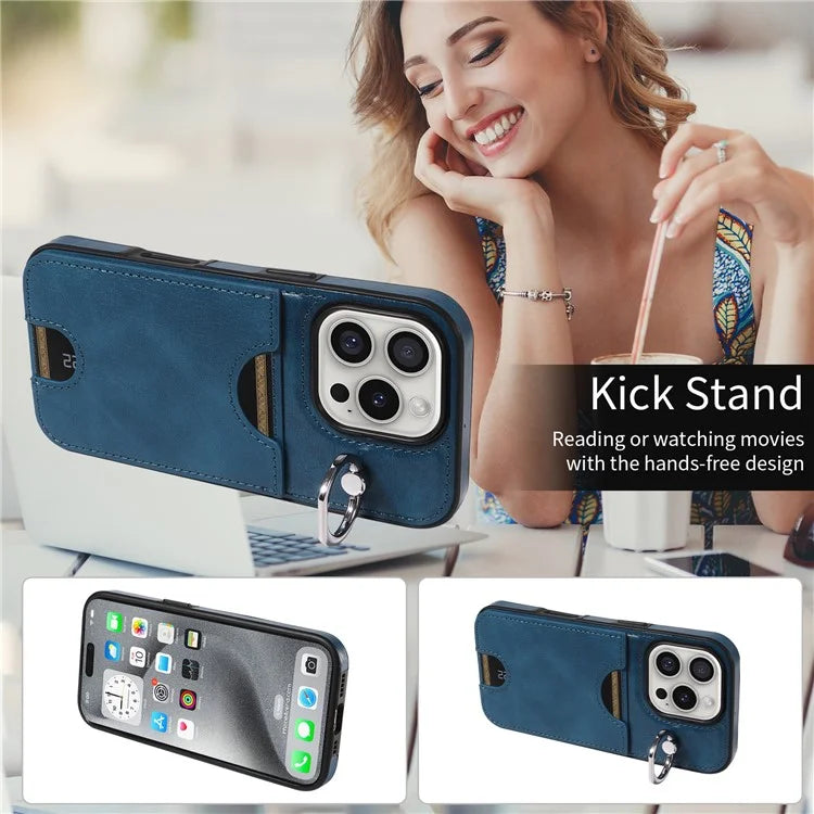 006 For iPhone 16 Pro Case Anti-Drop Leather + TPU Phone Cover Card Slot Ring Kickstand