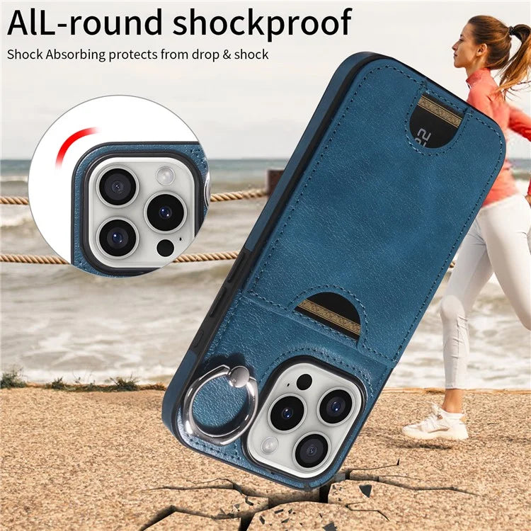 006 For iPhone 16 Pro Case Anti-Drop Leather + TPU Phone Cover Card Slot Ring Kickstand