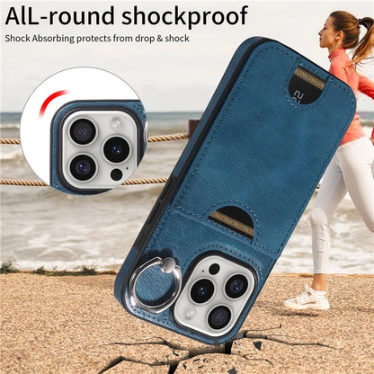 006 For iPhone 16 Pro Case Anti-Drop Leather + TPU Phone Cover Card Slot Ring Kickstand