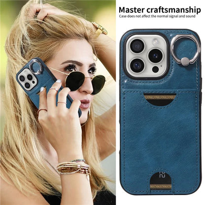 006 For iPhone 16 Pro Case Anti-Drop Leather + TPU Phone Cover Card Slot Ring Kickstand