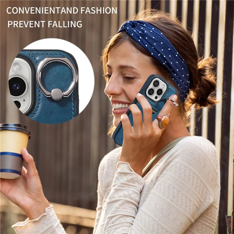 006 For iPhone 16 Pro Case Anti-Drop Leather + TPU Phone Cover Card Slot Ring Kickstand