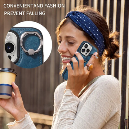 006 For iPhone 16 Pro Case Anti-Drop Leather + TPU Phone Cover Card Slot Ring Kickstand