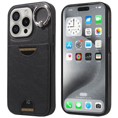 006 For iPhone 16 Pro Case Anti-Drop Leather + TPU Phone Cover Card Slot Ring Kickstand